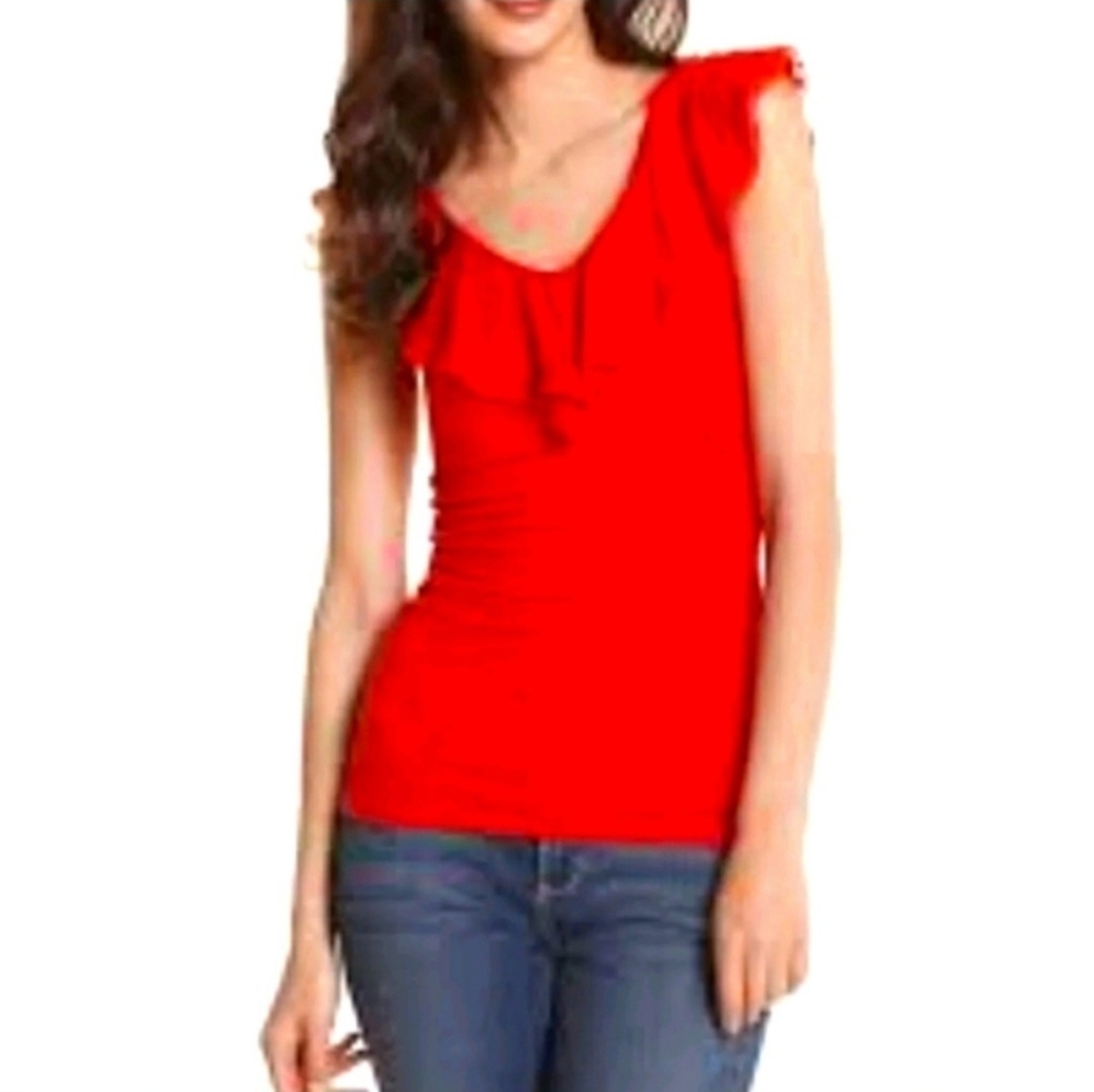 White House Black Market Double V Ruffle Neckline Red Sunset Spring Bohemian